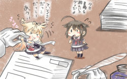 Rule 34 | &gt; &lt;, 10s, 1boy, 2girls, admiral (kancolle), ahoge, black gloves, blonde hair, bottle, brown hair, chibi, closed eyes, expressive hair, flying sweatdrops, gloves, gradient hair, hair flaps, hair ornament, hair ribbon, ink bottle, kantai collection, kneehighs, military, military uniform, mini person, minigirl, multicolored hair, multiple girls, naval uniform, neckerchief, necktie, papers, pleated skirt, poking, quill, ribbon, scarf, shigure (kancolle), skirt, socks, taisa (kari), uniform, wallpaper, white gloves, white scarf, yuudachi (kancolle), | |