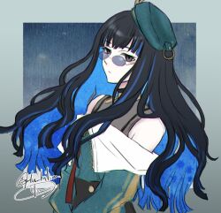 Rule 34 | 1girl, bare shoulders, beret, black hair, black shorts, blue hair, bracelet, breasts, buttons, colored inner hair, double-breasted, eyeliner, fate/grand order, fate (series), green hat, green jacket, grey eyes, hat, jacket, jewelry, long hair, looking at viewer, lu kilim, makeup, multicolored hair, neck ring, o-ring, off shoulder, round eyewear, shorts, sidelocks, small breasts, solo, sunglasses, tenochtitlan (fate), tenochtitlan (second ascension) (fate), wavy hair, zipper