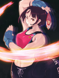 Rule 34 | 1girl, :/, afterimage, ahoge, asymmetrical bangs, asymmetrical hair, aura, bag, bag of chips, bare shoulders, between fingers, biceps, black background, black pants, blue gloves, bob cut, breasts, brown hair, chips (food), collarbone, crop top, eye trail, fighting stance, fingerless gloves, food, food in mouth, from side, gloves, highres, holding, holding bag, justice gakuen, kazama akira, leg up, light trail, looking to the side, medium breasts, muscular, muscular female, navel, open hands, orange eyes, pants, patch, potato chips, red hair, red sports bra, serious, short hair, sidelocks, simple background, solo, sports bra, standing, standing on one leg, stomach, street fighter, street fighter v, track pants, yellow eyes, yuenibushi