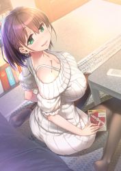 Rule 34 | 1girl, ai-chan (tawawa), ass, bare shoulders, blush, book, braid, breasts, brown hair, cd case, cleavage, controller, cowboy shot, dress, from above, getsuyoubi no tawawa, green eyes, hair ornament, half-closed eyes, indoors, large breasts, looking at viewer, nanase meruchi, pantyhose, remote control, short hair, side braid, sitting, smile, solo, sweater, sweater dress, table