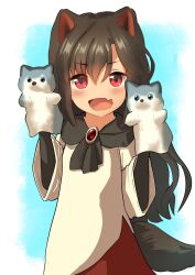 Rule 34 | 1girl, :d, animal ears, black gloves, blue background, brown hair, dress, elbow gloves, fang, gloves, hand puppet, highres, imaizumi kagerou, long hair, looking at viewer, nuc crow, open mouth, puppet, red eyes, skin fang, smile, solo, touhou, two-tone background, white background, white dress, wolf ears, wolf girl