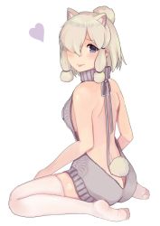 Rule 34 | 10s, 1girl, :p, alpaca ears, alpaca suri (kemono friends), alpaca tail, alternate costume, ancolatte (onikuanco), animal ears, bare back, bare shoulders, breasts, butt crack, extra ears, from behind, from side, full body, grey sweater, hair over one eye, heart, kemono friends, looking at viewer, looking back, medium breasts, meme attire, purple eyes, short hair, sideboob, sidelocks, silver hair, simple background, sitting, solo, sweater, sweater vest, tail, thighhighs, tongue, tongue out, turtleneck, turtleneck sweater, virgin killer sweater, white background, white thighhighs, zettai ryouiki