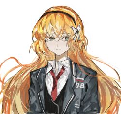 Rule 34 | 1girl, black coat, black vest, bow, brown hairband, coat, hair bow, hairband, highres, ishmael (project moon), limbus company, long hair, long sleeves, necktie, orange hair, project moon, r8697916zry, red necktie, shirt, sidelocks, simple background, solo, very long hair, vest, white background, white bow, white shirt, wing collar