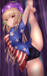 Rule 34 | 1girl, american flag shirt, arms up, black one-piece swimsuit, blonde hair, blue shirt, breasts, closed mouth, clownpiece, eyes visible through hair, hair between eyes, hands up, hat, highres, jester cap, leg up, long hair, looking at viewer, medium breasts, multicolored clothes, multicolored shirt, one-piece swimsuit, pink hat, polka dot, red eyes, red shirt, school swimsuit, shirt, short sleeves, shounen (hogehoge), smile, solo, standing, standing on one leg, star (symbol), star print, striped clothes, striped shirt, swimsuit, touhou, white shirt