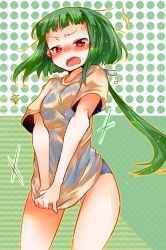 Rule 34 | 00s, 1girl, androgynous, bad id, bad pixiv id, blush, fang, green hair, long hair, my-hime, okuzaki akira, open mouth, red eyes, reverse trap, school swimsuit, shirt, solo, spoilers, swimsuit, takamura, wet, wet clothes, wet shirt
