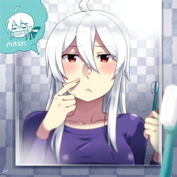 Rule 34 | 1girl, ahoge, bathroom, breasts, caffein, holding, holding toothbrush, long hair, mask, mirror, mouth mask, pimple, red eyes, reflection, silver hair, solo, toothbrush, upper body, vocaloid, yowane haku