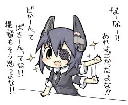 Rule 34 | 10s, 1girl, bad id, bad pixiv id, chibi, eyepatch, fang, headgear, highres, kantai collection, open mouth, personification, purple hair, short hair, solo, sparkle, tenryuu (kancolle), translated, waving arms, yellow eyes, yuasan