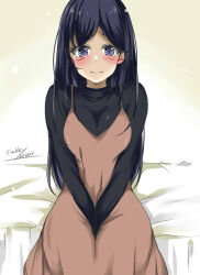Rule 34 | 1girl, alternate color, bed, between thighs, black hair, black sweater, brown dress, dress, feet out of frame, gakky, grey eyes, hair down, highres, kantai collection, long hair, official alternate costume, official alternate hairstyle, one-hour drawing challenge, solo, souryuu (kancolle), sweater, v arms