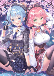 Rule 34 | 2girls, :d, ahoge, arm behind head, arm up, bell, beret, black bow, black gloves, black headwear, black thighhighs, blue eyes, blue hair, blue nails, blush, bow, branch, breasts, brown footwear, cat hair ornament, clothing cutout, collared shirt, commentary request, dress shirt, flower, frilled skirt, frills, gloves, green eyes, grey headwear, grey jacket, grey skirt, hair between eyes, hair bow, hair ornament, hand up, hat, highres, hololive, hoshimachi suisei, hoshimachi suisei (1st costume), jacket, jingle bell, knees up, loafers, long hair, long sleeves, low twintails, medium breasts, multiple girls, nail polish, neck bell, open mouth, partially fingerless gloves, pink flower, pink hair, plaid, plaid headwear, plaid jacket, plaid skirt, pleated skirt, puffy long sleeves, puffy sleeves, red skirt, sakura miko, sakura miko (casual), shirakawako, shirt, shoes, shoulder cutout, sitting, skirt, small breasts, smile, star (symbol), star hair ornament, thighhighs, twintails, v, virtual youtuber, white shirt
