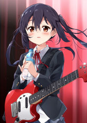 Rule 34 | 1girl, absurdres, black hair, blush, bottle, brown hair, curtains, electric guitar, fender mustang, guitar, highres, instrument, k-on!, long hair, looking at viewer, mousou (mousou temporary), nakano azusa, open mouth, sakuragaoka high school uniform, school uniform, skirt, solo, sweat, twintails, water