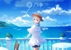 Rule 34 | 1girl, anastasia (idolmaster), bird, blue eyes, blue scarf, blue sky, blush, brown hat, chair, character name, closed mouth, cloud, commentary, copyright name, cowboy shot, dated, day, dress, fedora, fen renlei, frilled dress, frilled sleeves, frills, from behind, happy birthday, hat, idolmaster, idolmaster cinderella girls, looking at viewer, looking back, ocean, outdoors, plant, potted plant, railing, scarf, short hair, short sleeves, shorts, silver hair, sky, smile, solo, table, water