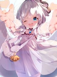 Rule 34 | 1girl, azur lane, blue eyes, coat dress, dress, highres, illustrious (azur lane), lace-trimmed headwear, lace trim, little illustrious (azur lane), long hair, looking at viewer, low twintails, one eye closed, open mouth, outstretched arm, outstretched hand, reaching, see-through, see-through sleeves, semimarusemi, smile, solo, tilted headwear, twintails, white dress, white headwear, aged down