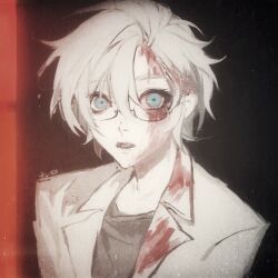 Rule 34 | 1boy, blood, blood on clothes, blood on face, blue eyes, chinese commentary, colored skin, commentary request, film grain, glasses, grey shirt, highres, kanou aogu, lab coat, li yu, light particles, looking at viewer, male focus, open clothes, open mouth, portrait, saibou shinkyoku, shirt, short hair, solo, white hair, white skin