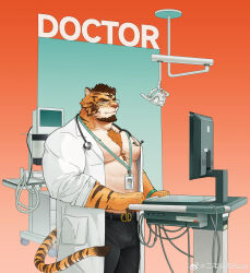 Rule 34 | 1boy, absurdres, bara, bare pectorals, beard, doctor, er mao shu shu ryan, facial hair, feet out of frame, glasses, highres, id card, lab coat, large pectorals, looking ahead, male focus, mature male, muscular, muscular male, no shirt, original, pants, pectorals, short hair, solo, standing, strongman waist, thick beard, thick eyebrows, tusks