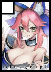 Rule 34 | 10s, 1girl, :p, animal ear fluff, animal ears, artist name, black border, blue bow, blue kimono, border, bow, breasts, circle cut, cleavage, commentary request, detached collar, fate/extra, fate (series), fox ears, fox shadow puppet, green eyes, hair between eyes, hair bow, japanese clothes, kimono, large breasts, long hair, looking at viewer, mins (minevi), pink hair, smile, solo, tamamo (fate), tamamo no mae (fate/extra), tongue, tongue out, twintails