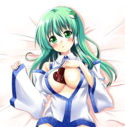 Rule 34 | 1girl, bad id, bad pixiv id, bare shoulders, bed, between breasts, blouse, blush, breasts, candy, chocolate, chocolate heart, chocolate on body, chocolate on breasts, covered erect nipples, detached sleeves, female focus, food, green eyes, green hair, hair ornament, heart, kochiya sanae, large breasts, long hair, lying, matching hair/eyes, natsupa, no bra, open clothes, open shirt, shirt, solo, touhou