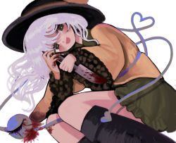 Rule 34 | 1girl, :d, bad id, bad twitter id, blood, bloody knife, blush, boots, commentary, eyebrows hidden by hair, green eyes, hat, heart, heart of string, hell0120, highres, holding, holding knife, knee boots, knife, komeiji koishi, long hair, looking at viewer, lying, on side, open mouth, silver hair, simple background, smile, solo, third eye, touhou, white background