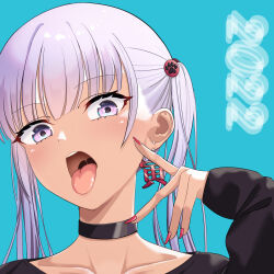 Rule 34 | 1girl, 2022, arm up, black choker, black sweater, blue background, choker, choppy bangs, collarbone, commentary, ear piercing, earrings, eyelashes, highres, jewelry, looking at viewer, new game!, paw hair ornament, piercing, profile, purple eyes, purple hair, red nails, sanpaku, short twintails, simple background, solo, suzukaze aoba, sweater, teeth, tombox, tongue, tongue out, twintails, upper teeth only, uvula