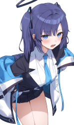 Rule 34 | 1girl, absurdres, aqua necktie, black gloves, blue archive, blue eyes, gloves, halo, hand on own stomach, highres, id card, jacket, lapels, leaning forward, looking at viewer, n4 h4m, necktie, open clothes, open jacket, open mouth, pleated skirt, purple hair, simple background, skirt, solo, thighs, two side up, white background, yuuka (blue archive)