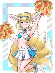 Rule 34 | 1girl, absurdres, animal ear fluff, arknights, arm up, armpits, bare arms, bare shoulders, blonde hair, blue archive, blue hairband, blush, breasts, cheerleader, commentary, cosplay, english commentary, feet out of frame, green eyes, hair between eyes, hairband, highres, holding, kitsune, kyuubi, looking at viewer, millennium cheerleader outfit (blue archive), multicolored hair, multiple tails, navel, nose blush, parted lips, pleated skirt, pom pom (cheerleading), rylaera, shoes, skirt, small breasts, solo, standing, standing on one leg, suzuran (arknights), tail, two-tone hair, white footwear, white hair, white skirt