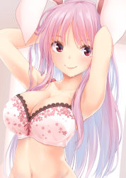 Rule 34 | 1girl, animal ears, armpits, arms behind head, arms up, bad id, bad pixiv id, bare arms, bare shoulders, blush, bra, breasts, cleavage, collarbone, commentary, floral print, hisae (hisae collect), large breasts, long hair, looking at viewer, navel, purple hair, rabbit ears, red eyes, reisen udongein inaba, shirt, short sleeves, smile, solo, stomach, touhou, underwear, upper body, white bra
