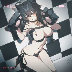 Rule 34 | 1girl, absurdres, ahoge, animal ear fluff, animal ears, animal hands, bare legs, bare shoulders, bell, bikini, black bikini, black choker, black hair, blush, bow, braid, breast tattoo, breasts, breasts apart, cat ear panties, cat ears, cat lingerie, checkered floor, choker, chromatic aberration, clothing aside, collarbone, cowboy shot, fake screenshot, frilled bikini, frills, from above, gloves, green bow, hair bow, highres, jingle bell, large breasts, long hair, looking at viewer, lying, meme attire, navel, neck bell, on back, open mouth, orange eyes, original, panties, paw gloves, paw pose, qtian, shadow, side-tie bikini bottom, side braid, sleeveless, solo, stomach, strap slip, swimsuit, tattoo, thighs, tile floor, tiles, underwear