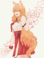 Rule 34 | 1girl, animal ear fluff, animal ears, blonde hair, blush, breasts, cowboy shot, fang, fate/extra, fate/extra ccc, fate/extra ccc fox tail, fate/grand order, fate (series), flower, fox ears, fox tail, hair between eyes, highres, large breasts, long hair, looking at viewer, no panties, open mouth, pink flower, purutera, red skirt, shirt, short sleeves, skirt, smile, solo, suzuka gozen (fate), tail, waving, white shirt, yellow eyes