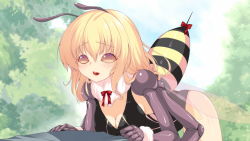 Rule 34 | 1girl, antennae, arthropod girl, artist request, bee girl, black leotard, blonde hair, bow, breasts, carapace, cleavage, compound eyes, extra arms, game cg, hair between eyes, honey (monster musume), insect girl, leotard, long hair, looking at viewer, monster girl, monster musume no iru nichijou, monster musume no iru nichijou online, neck ruff, official art, open mouth, red bow, small breasts, solo, stinger, wrist cuffs