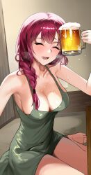 Rule 34 | 1girl, absurdres, bare shoulders, beer mug, blush, bocchi the rock!, braid, breasts, cleavage, closed eyes, collarbone, covered erect nipples, cup, dress, fang, green dress, hair over shoulder, hand up, highres, hiroi kikuri, holding, holding cup, indoors, large breasts, long hair, mug, open mouth, ori (0rizuru), purple hair, single braid, sitting, sleeveless, sleeveless dress, smile, solo, sweat