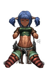 Rule 34 | 1girl, abs, belt, blue eyes, blue hair, gloves, gun, highres, holster, kneeling, matching hair/eyes, midriff, original, saejin oh, shorts, solo, striped clothes, striped thighhighs, thighhighs, twintails, weapon