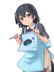 Rule 34 | 1girl, absurdres, adapted costume, apron, beige skirt, black eyes, black hair, black shirt, blouse, blue apron, commentary, cosplay, flag, hair between eyes, head wings, highres, holding, holding flag, kemono friends, kemono friends 2, looking at viewer, shiraha maru, shirt, short hair, simple background, smile, solo, spot-billed duck (kemono friends), spot-billed duck (kemono friends) (cosplay), superb bird-of-paradise (kemono friends), twitter username, white background, wings