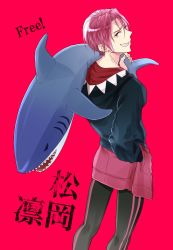 Rule 34 | 10s, 1boy, black male swimwear, character name, clenched teeth, copyright name, free!, from behind, grin, highres, jacket, legskin, looking at viewer, looking back, male focus, male swimwear, matsuoka rin, naruyasu, red background, red eyes, red hair, shark, sharp teeth, short hair, simple background, smile, swimsuit, swimsuit under clothes, teeth
