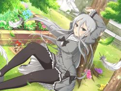 Rule 34 | 1girl, arm behind head, arm up, black pantyhose, breasts, feathers, flower, front ribbon, grass, green eyes, grey hair, highres, knee up, knees, large breasts, legs, legs apart, long hair, looking at viewer, miniskirt, on ground, open mouth, pantyhose, plant, school uniform, senkou (senran kagura), senran kagura, skirt, solo, stretching, thick thighs, thighs, tree, uniform