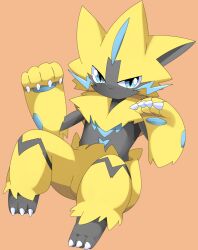 Rule 34 | :3, blue eyes, brown background, closed mouth, commentary request, creatures (company), full body, furry, game freak, gen 7 pokemon, legendary pokemon, lets0020, looking at viewer, mythical pokemon, nintendo, pokemon, pokemon (creature), simple background, smile, solo, zeraora