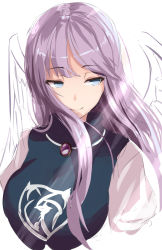 Rule 34 | 1girl, angel, angel wings, blue dress, blue eyes, blue hair, brooch, closed mouth, commentary request, dress, feathered wings, happy, highres, jewelry, kamiya ueshi, long hair, long sleeves, looking away, multiple wings, sariel (touhou), seraph, shirt, sidelocks, simple background, smile, touhou, touhou (pc-98), upper body, very long hair, white background, white shirt, white sleeves, wings