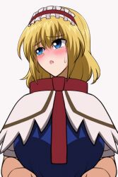 Rule 34 | 1girl, alice margatroid, animated, animated gif, artist request, blonde hair, blue eyes, blush, bouncing breasts, breasts, clothes lift, embarrassed, large breasts, lifting own clothes, nipples, no bra, open mouth, shirt lift, short hair, solo, source request, touhou