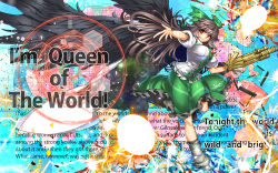 Rule 34 | 1girl, alternate weapon, arm cannon, bird wings, black wings, bow, breasts, brown hair, cape, concrete, energy ball, english text, hair bow, highres, large breasts, long hair, looking at viewer, puffy short sleeves, puffy sleeves, red eyes, reiuji utsuho, shirt, short sleeves, skirt, smile, solo, space, standing, standing on one leg, third eye, touhou, umigarasu (kitsune1963), very long hair, weapon, wings