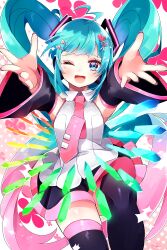 Rule 34 | 1girl, :d, absurdres, ahoge, blue eyes, blue hair, blush, collared shirt, crystal, detached sleeves, gradient hair, hair ornament, hatsune miku, heart, heart hair ornament, highres, koyubisennti, long hair, long sleeves, melt (vocaloid), multicolored hair, nail polish, necktie, one eye closed, open mouth, outstretched arms, pink hair, pleated skirt, power symbol, rainbow gradient, reaching, reaching towards viewer, scissors hair ornament, shirt, skirt, sleeveless, sleeveless shirt, smile, solo, symbol-shaped pupils, tearing up, thighhighs, twintails, two-tone hair, very long hair, vocaloid