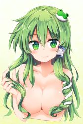 Rule 34 | 1girl, blush, breast hold, breasts, closed mouth, collarbone, commentary, frog hair ornament, gradient hair, green eyes, green hair, hair between eyes, hair ornament, hair tubes, twirling hair, highres, kochiya sanae, large breasts, long hair, looking at viewer, maturiuta sorato, multicolored hair, nude, smile, snake hair ornament, solo, touhou, upper body, white background, yellow background