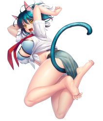 Rule 34 | 00s, 1girl, :3, aikawa arisa, animal ears, bare legs, barefoot, blue hair, blush, breasts, cat ears, cat girl, cat tail, cutoffs, denim, denim skirt, fangs, feet, female focus, front-tie top, game cg, highres, large breasts, lilith-soft, long hair, looking at viewer, lying, merci (taimanin asagi), monster girl, official art, open mouth, panties, paw pose, puffy nipples, shiny skin, short hair, skirt, smile, solo, tail, taimanin (series), taimanin asagi, taimanin asagi kessen arena, underwear, white background, yellow eyes