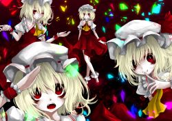 Rule 34 | 4girls, aizettonagi, blonde hair, clone, embodiment of scarlet devil, fang, fangs, finger to mouth, flandre scarlet, four of a kind (touhou), highres, looking at viewer, multiple girls, one eye closed, open mouth, red eyes, shrugging, slit pupils, smile, touhou, wide-eyed, wings