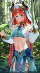 Rule 34 | 1girl, absurdres, aqua eyes, bare shoulders, blue skirt, blush, brooch, commentary, cowboy shot, crop top, detached sleeves, forest, genshin impact, hands up, highres, horns, jewelry, long hair, long sleeves, looking at viewer, midriff, nature, navel, nilou (genshin impact), outdoors, red hair, skirt, smile, solo, standing, stomach, thighlet, veil, wading, water, yatsucchie