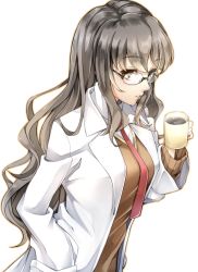 Rule 34 | 10s, 1girl, breasts, brown eyes, brown hair, coffee, collared shirt, cup, from side, futaba rio, glasses, hand in pocket, holding, holding cup, lab coat, large breasts, long hair, nakano maru, open clothes, parted lips, red neckwear, school uniform, seishun buta yarou, shirt, solo