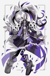 Rule 34 | 1girl, :o, absurdres, asagina gi, asymmetrical legwear, black hair, black jacket, black pantyhose, black skirt, blood, blood on face, blood on hands, blue necktie, blush, boots, border, collared shirt, commentary, cuts, flower (vocaloid), flower (vocaloid3), full body, fur-trimmed skirt, fur trim, grey footwear, grey shirt, highres, injury, jacket, looking at viewer, mismatched legwear, necktie, open mouth, pantyhose, purple hair, red eyes, shirt, signature, simple background, skirt, solo, striped clothes, striped pantyhose, symbol-only commentary, twintails, vocaloid, white background, white hair