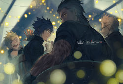 Rule 34 | 4boys, anniversary, arm tattoo, black hair, black shirt, blonde hair, blouse, brown hair, copyright name, cup, closed eyes, final fantasy, final fantasy xv, fingerless gloves, gladiolus amicitia, glasses, gloves, ignis scientia, jacket, lantern, looking at viewer, looking back, multiple boys, noctis lucis caelum, open mouth, p-nekor, prompto argentum, shirt, smile, spiked hair, tattoo