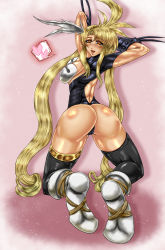 Rule 34 | 1girl, ass, blonde hair, blush, breasts, come hither, corruption, dark persona, female focus, from behind, gloves, heart, highres, huge ass, langrisser, langrisser ii, leotard, loki (3751579), long hair, looking at viewer, naughty face, open mouth, orange eyes, rana (langrisser), shiny skin, smile, solo, spoken heart, thighhighs, thong, thong leotard, tongue