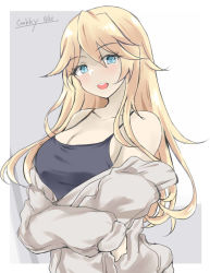 Rule 34 | 1girl, black tank top, blonde hair, blue eyes, breasts, commentary request, gakky, iowa (kancolle), kantai collection, large breasts, one-hour drawing challenge, open mouth, round teeth, solo, star-shaped pupils, star (symbol), sweater, symbol-shaped pupils, tank top, teeth, upper body, upper teeth only, white sweater