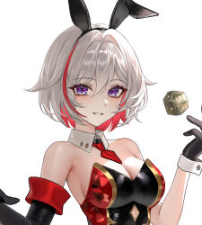 1girl alternate_costume animal_ears bare_shoulders black_gloves breasts cleavage collar commentary_request detached_collar diamond-shaped_pupils diamond_(shape) fake_animal_ears gloves grey_hair hair_between_eyes highres honkai:_star_rail honkai_(series) large_breasts leotard looking_at_viewer multicolored_hair parted_lips playboy_bunny purple_eyes rabbit_ears red_hair sicle single_glove smile solo strapless strapless_leotard streaked_hair symbol-shaped_pupils topaz_(honkai:_star_rail) unfinished white_background white_collar white_wrist_cuffs wrist_cuffs