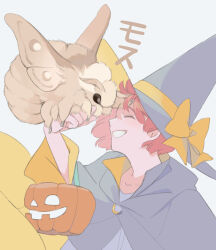Rule 34 | 1girl, animal, animal on hand, black robe, blue background, blue hat, bow, bug, closed eyes, commentary request, halloween, hat, hat bow, highres, insect, jack-o&#039;-lantern, moth, moth on hand, ootani eiti, open mouth, original, oversized animal, red hair, robe, short hair, smile, solo, two-sided fabric, two-sided headwear, upper body, witch hat, yellow bow, yellow hat