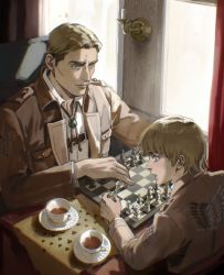 Rule 34 | 2boys, absurdres, armin arlert, bad id, bad twitter id, blonde hair, blue eyes, board game, chess, chessboard, closed mouth, ctstudio (executional), cup, erwin smith, highres, indoors, male focus, multiple boys, open mouth, paradis military uniform, shingeki no kyojin, short hair, table